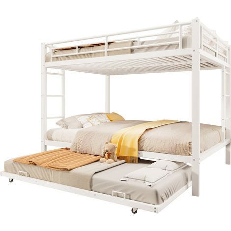 Lit superposé 140x200 cm avec lit gigogne intégré, lit enfant blanc en métal avec barrières de sécurité, gain de place optimal. (1/5)