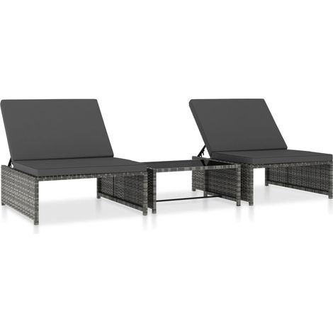 Set di 2 sdraio, sedia a sdraio, lettino da giardino, terrazza, arredamento da esterno con tavolo in resina intrecciata grigia