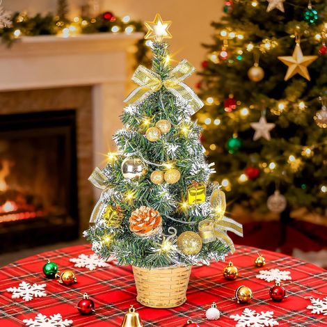 Sapin de Noël Lumineux 45cm Mini Arbre de Noël Artificiel Décoré avec Ornements Dorés et Lumières LED Chaudes Sapin de Table Prêt à Illuminer Décoration de Noël pour Maison Bureau Intérieur (1/5)