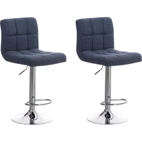 Conjunto de 2 taburetes de bar de diseño retro-moderno con costuras cuadradas en tela azul y metal cromado 100006180