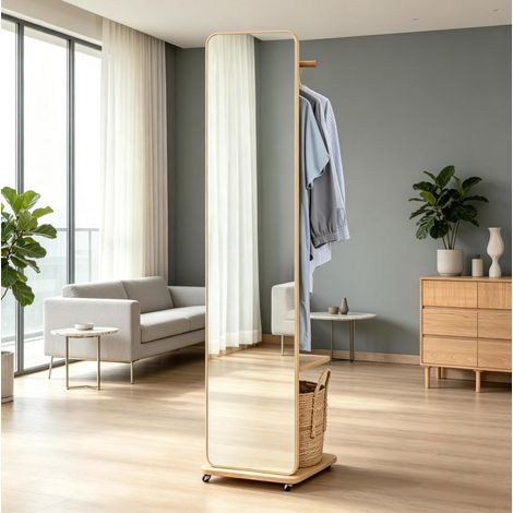 Espejo de pie con perchero (40x44.5x170 cm), con 4 ganchos y estante, MDF, vidrio y madera, color madera clara (1/5)