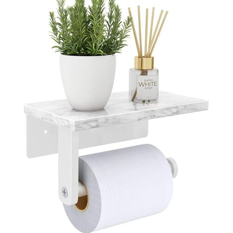 Porte Papier Hygiénique Mural En Marbre Naturel Avec Étageres Acier Inoxydable 304 Pour Salle De Bain Toilettes Blanc (1/4)