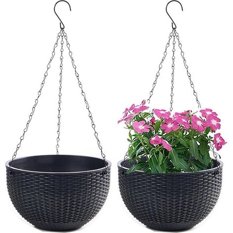 Ensemble 2 Pots Fleurs Suspendus Chaîne Acier Inoxydable Balcon Intérieur Extérieur 21cm Noir - (1/4)