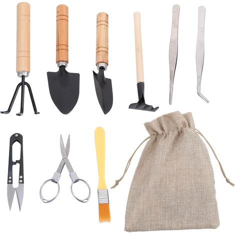 Kit D'outils de Jardinage Manuel 10 Pièces en Bois et Fer Antirouille pour Succulentes et Plantes D'intérieur, Mini Pelle, Pince, Brosse, Pulvérisateur – pour Plantation, (1/5)