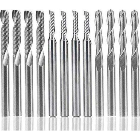 Jeu de 12 fraises à défoncer en carbure, 4 fraises CNC à double cannelure de 1/8" et 8 fraises à simple tranchant (2 types) pour nylon, résine, ABS, acrylique, PVC, MDF et bois. (1/5)