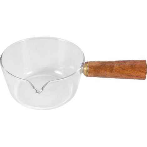 Glasmilchtopf mit Holzgriff, 400 ml, Kochtopf, geeignet für Salate, Nudeln, Gasherd