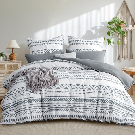 Bettwäsche-Set 200x200 cm, 3-teilig, Boho Grau, Mikrofaser, bügelfrei