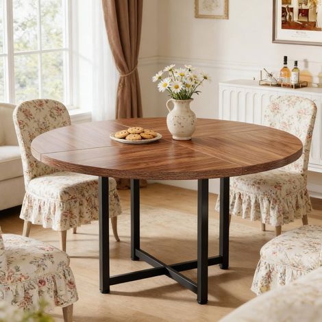 Table à manger ronde 120 cm noire et marron en métal et bois au style industriel (1/5)