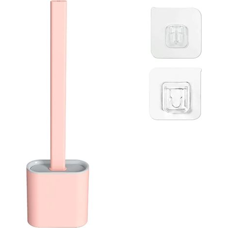 Cepillo de inodoro flexible de silicona, sistema de limpieza de baño, mango largo antideslizante, cerdas de silicona suaves, fácil limpieza de rincones del inodoro, montaje en pared, rosa (1/5)