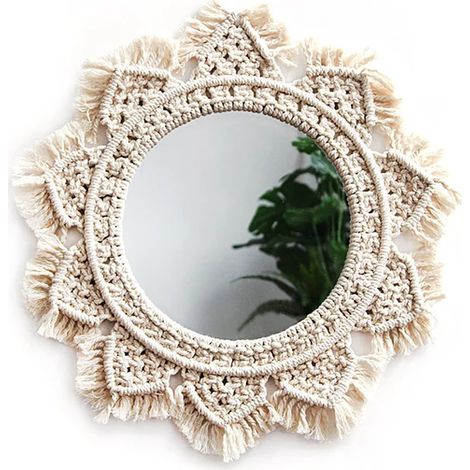 Hanging Wall Mirror with Macrame Fringe Round Mirror Art Boho Decor (1/5)