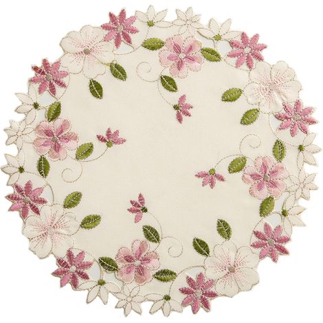 Set aus 2 runden, bestickten Tischsets mit europäischem Blumenmuster, 30 cm, für Zuhause, Hochzeiten, rosa Blumen
