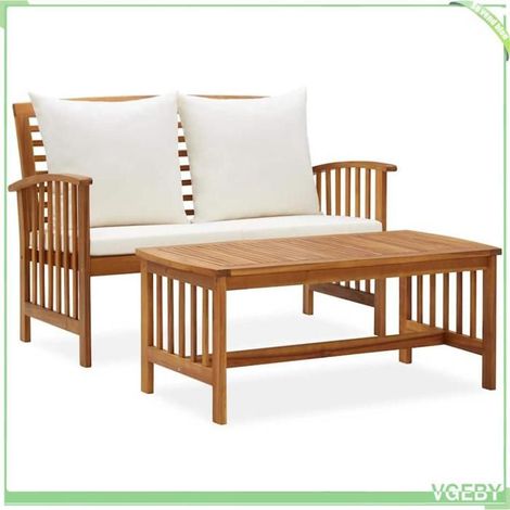 Salon de jardin - FAFEICY - 310263 - Bois d'acacia massif - Banc & table basse + coussins - Coussin crème (1/5)