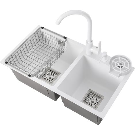 Évier de cuisine blanc à deux cuves, 71 × 38 cm, à encastrer dans le plan de travail, en acier inoxydable, avec robinets d'eau chaude et d'eau froide, panier de filtration et distributeur de savon (1/5)