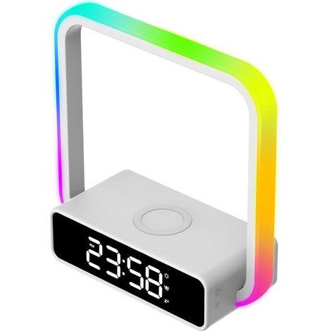 Luce notturna, luce d'atmosfera da scrivania, caricabatterie wireless per telefono, display dell'orologio, luce notturna sensibile al tocco e dimmerabile. (1/4)