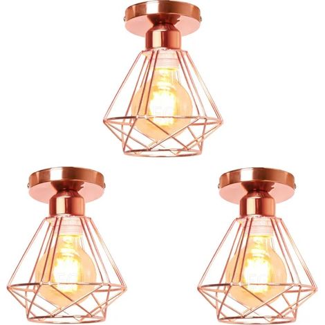 3pcs Plafonnier Industriel 16cm Luminaire Lustre Vintage en Métal E27 Éclairage de Plafond Design Cage Abat-jour Rétro,Rose (1/5)