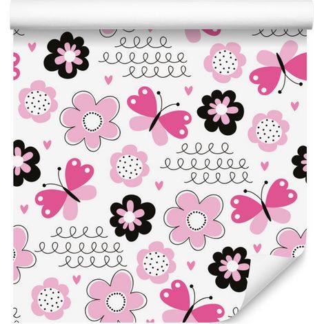 Papel pintado de mariposas, corazones y flores para salón y dormitorio, 50x1000 cm. (1/5)