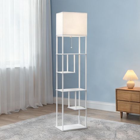 Lampadaire en bois blanc avec étagères et éclairage réglable (1/5)