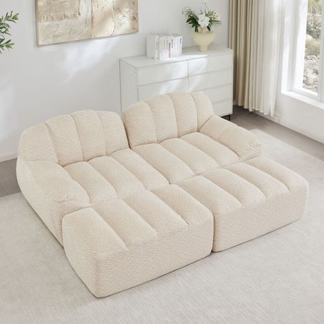 Canapé modulaire 2 places, Canapé d'angle en L sans cadre, forme de coque, 2 pouf, coussins d'assise profonds, aucun assemblage requis, Beige et Blanc