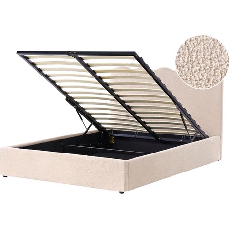 Cama con somier tapizado de bouclé 140 x 200 cm con cabecero espacio almacenaje elevable beige Nanterre