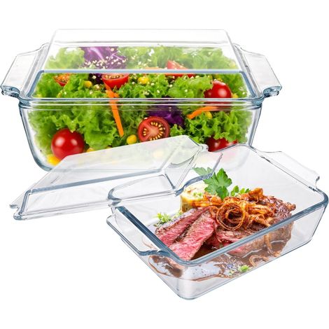 Lot de 2 Plat à Four en Verre avec Couvercle 1000/1500 ml - Set de Plats à Lasagnes Rectangulaire en Verre Borosilicaté - Récipient de Cuisson Empilable pour Four, Micro-ondes et Réfrigérateur (1/5)