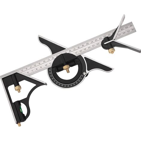 Regla de carpintería multifunción con escuadra de combinación de metal, regla de ángulo combinada con transportador de ángulo de nivel cero, cabezal recto de 300 mm (1/5)