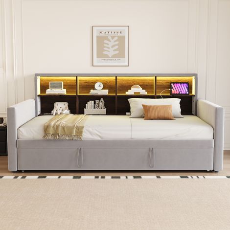 Canapé convertible 90x190, chevet avec espaces de stockage, éclairage LED et ports USB, lit escamotable, housse en velours doux, teinte gris clair (1/5)