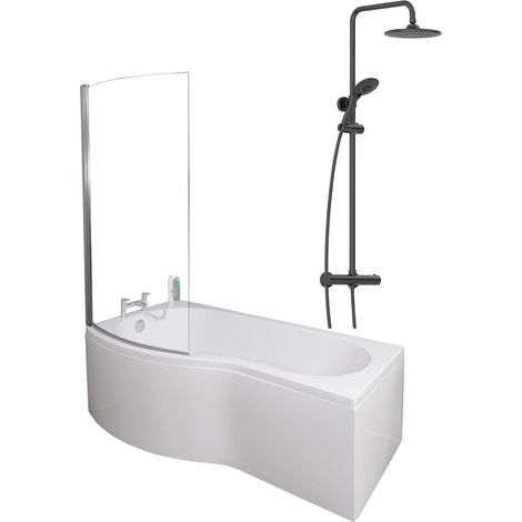 1700mm Bathroom P Shaped Bath Mixer Shower Screen LH White with Front Panel (1/5)