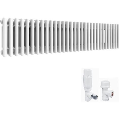 ELEGANT 300 x 1415 mm Traditional Radiator Cast Iron Style Horizontal Radiator White Triple Horizontal Column Radiators and White Thermostatic Radiator Valves (1/5)