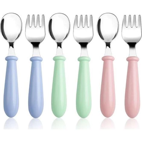 Lot de Couverts enfants en inox 6Pièces:3x Fourchettes,3x Cuillères,Set Couvert bebe en Poignée Ronde pour Garçons Filles Maison (1/5)