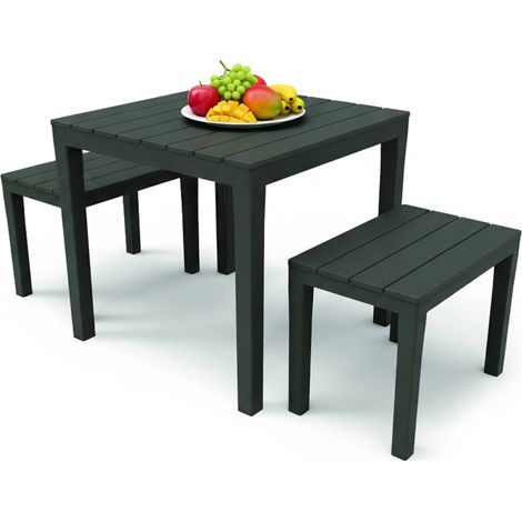Dmora Set salotto da esterno Moncalieri, Set da giardino con 1 tavolo quadrato e 2 panche, Set indoor e outdoor da Pic Nic, 100% Made in Italy, Antracite, con imballo rinforzato