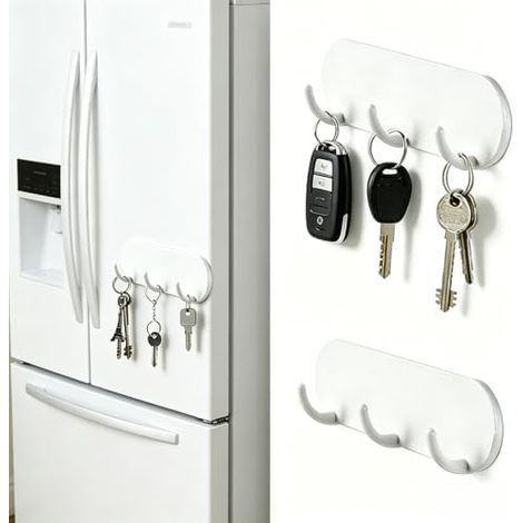 Set of 2 white magnetic hooks with 3 no-drill hooks for kitchen, bathroom, hallway, door - (1/5)