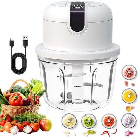 Picadora eléctrica de cocina - Mini picadora - Pica ingredientes rápidamente - Recargable por USB - 350 ml - Blanca (1/5)