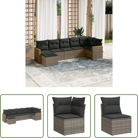 Terrassensofa - 7-tlg. Garten-Sofagarnitur mit Kissen Grau Poly Rattan (1/5)