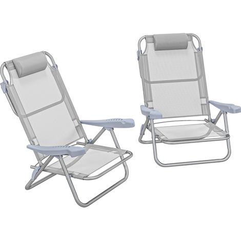 2er Set Campingstühle klappbar Campingstuhl mit 6-fach verstellbarer Netzrückenlehne Kopfstütze 62 x 65 x 80 cm Hellgrau