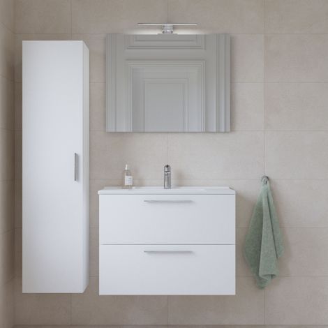 Set Mia ensemble meuble 79x61x39,5 cm avec miroir, lavabo, éclairage LED + armoire 145x35x35cm, Blanc brillant (1/5)