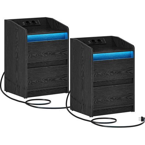 Tables de chevet avec éclairage LED – Lot de 2 – 2 ports USB et 2 prises – 2 tiroirs – Noir – Panneau de particules – 35 x 40 x 58 cm