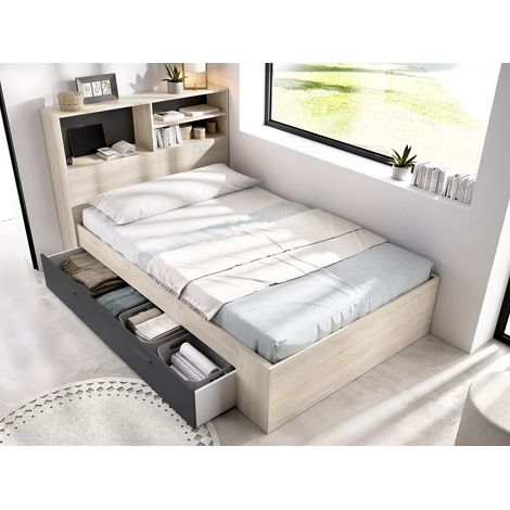 Lit 120 x 190 cm avec rangements - Coloris : Naturel et anthracite + Sommier - VARDIEL (1/4)
