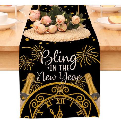 Chemin de table « Bonne année ». nappe noire et or à pois et étoiles. décoration pour la maison et la cuisine. ambiance champêtre. linge de table en toile de jute pour les fêtes d'hiver 2026 (1/5)