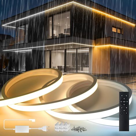 10m Neon Ruban LED Exterieur 220V Dimmable Blanc Chaud 3000K-Blanc Froid 6500K Silicone Néon Bandeau Led Etanche Ignifuger IP65 Bande Rubans à Led Flexible Découpable Avec Télécommande (1/5)