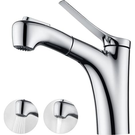 Robinet de salle de bain extractible avec 2 modes de débit d'eau, douchette à main, mitigeur de lavabo à levier unique - Chrome (1/5)