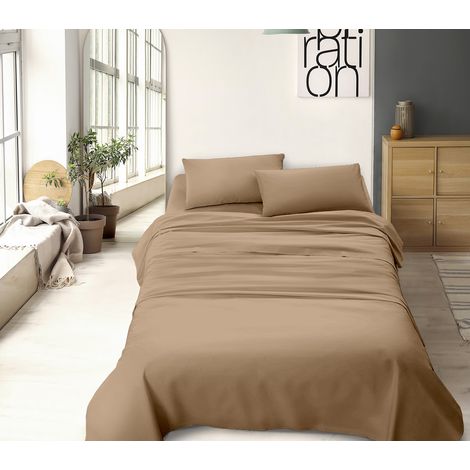 Completo letto matrimoniale a tinta unita set lenzuola Prodotto italiano 100% Cotone Beige - Matrimoniale