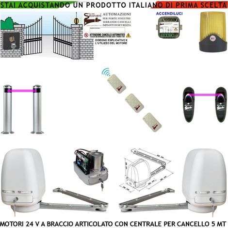 Cancello Elettrico Kit Motori a Braccio Articolato 24 V 2 Ante da 1 a 2,5 MT Centrale 220/24 V Selettore 3 Radiocomandi Faro 2 Fotocellule 2 Paline Accendiluci (1/4)