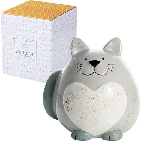 Tirelire Enfant, Céramique Tirelire e pour Filles Garçons et Adulte, Mignon Chat Themé Maison Chambre Déco, Cadeaux pour Les Amoureux du Chats, Gris 13x12cm (1/5)