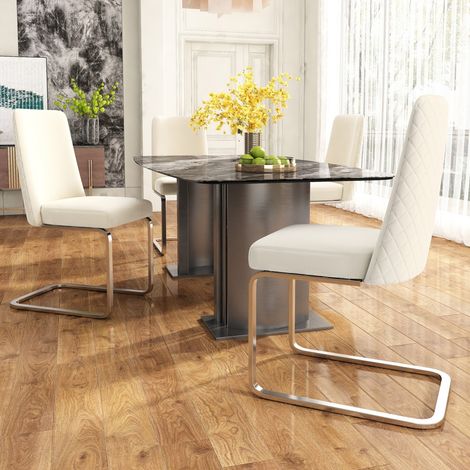 Lot de 4 chaises velours luxe beige - Dossier diamant - Pieds métal argenté - Salon/chambre - Salle à manger élégante (1/5)