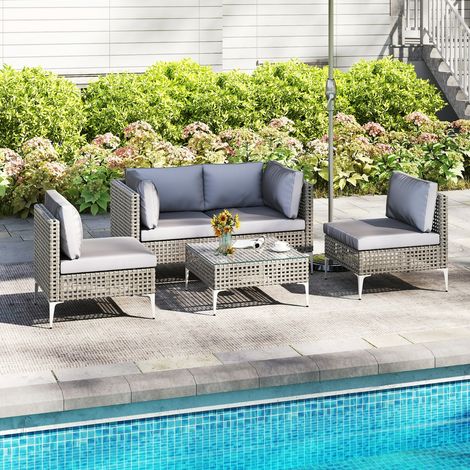 Meubles d'Extérieur 5 Pièces avec Coussins d'Assise et de Dossier Chaises de Patio en Rotin avec Table Basse en Verre Trempé Gris (1/3)