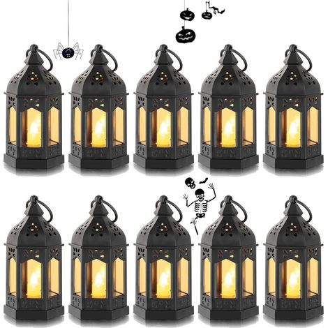 Lot de 10 Mini Lanterne LED Exterieur    Lanterne Bougie Noir Decorative Bougeoir pour Halloween, Ramadan, Mariage, Noel, Decoration de Table