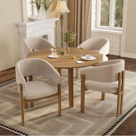 Sedie da pranzo in metallo effetto legno, set da 4, con braccioli, tessuto lino beige HAVRYA (1/5)