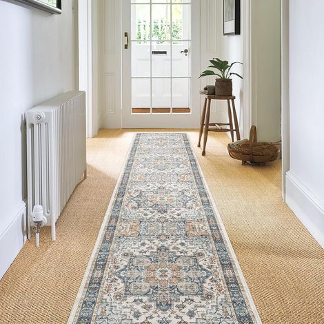 Tapis de Couloir Long 60x300cm Tapis de Passage Lavable Antidérapant Doux Microfibre Vintage Médaillon Bleu Tapis de Salon Chambre Cuisine (1/5)