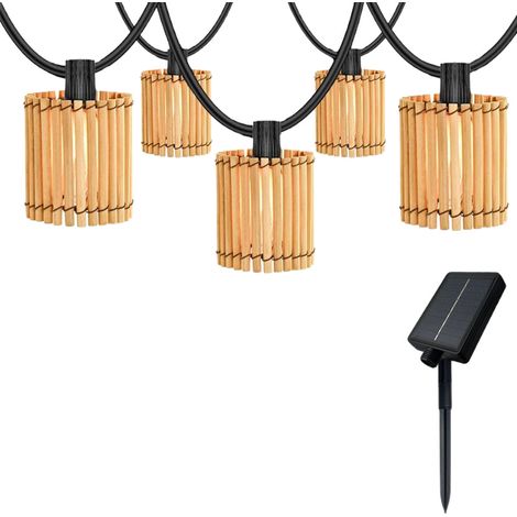 Guirlande lumineuse bambou solaire - 10 lanternes LED - 7m - Blanc chaud 2700K