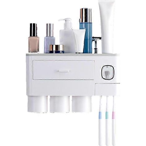 Support mural porte-brosse à dents multifonction, étagère salle de bain aimantée avec tiroir et distributeur de dentifrice, rangement mural pratique (1/5)